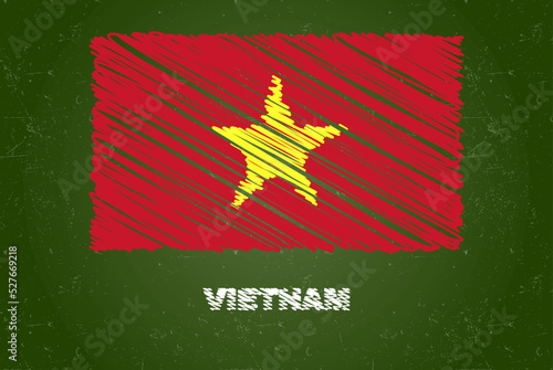 Vietnam flag with chalk effect on green chalkboard, hand drawing country flag, flag for kids, classroom material