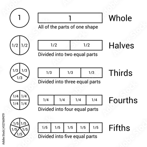 Maths poster fraction. whole halves thirds fourths fifths fractions. circle fractions