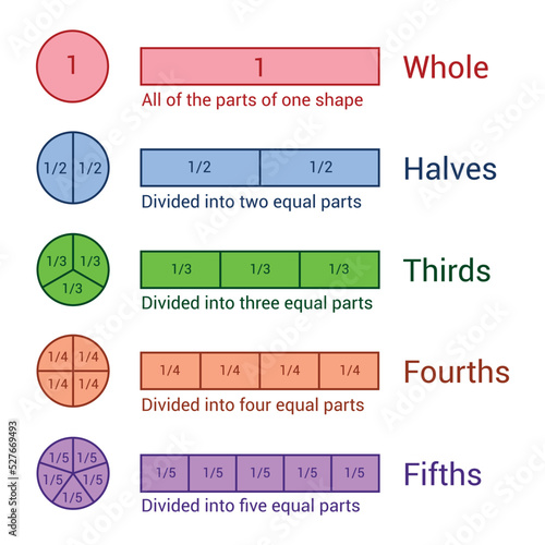 Maths poster fraction. whole halves thirds fourths fifths fractions. circle fractions