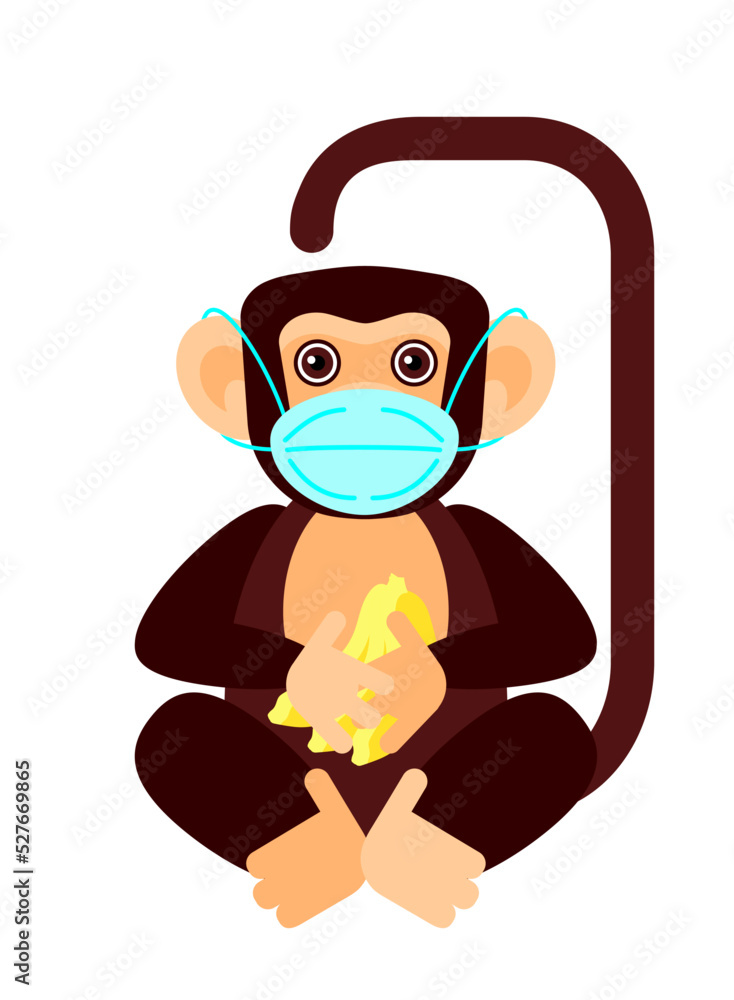 Funny cute monkey with bananas and a shadow in a protective medical mask. Cute chimpanzee in a flat geometric style. A simple vector illustration isolated on a white background. Monkey pox virus