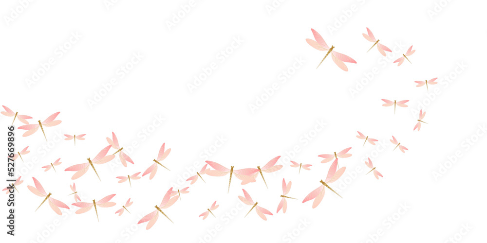 Magic rosy pink dragonfly flat vector wallpaper. Summer ornate insects. Detailed dragonfly flat dreamy illustration. Delicate wings damselflies patten. Garden creatures