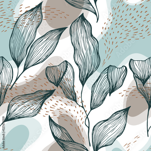Sketch style doodle line texture leaves over stains and dots seamless vector pattern organic design.