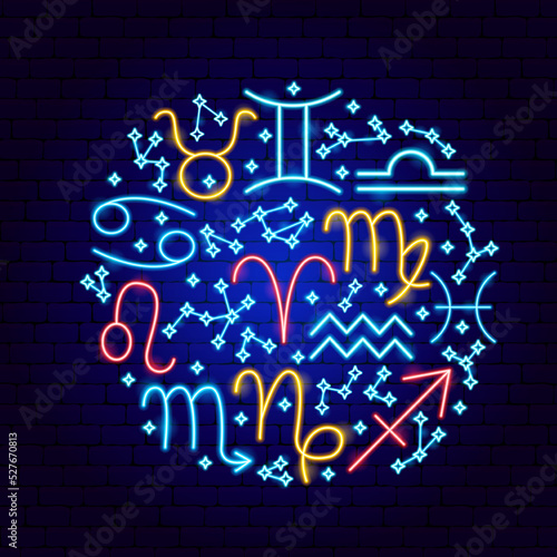 Zodiac Horoscope Neon Concept. Vector Illustration of Astrology Promotion.