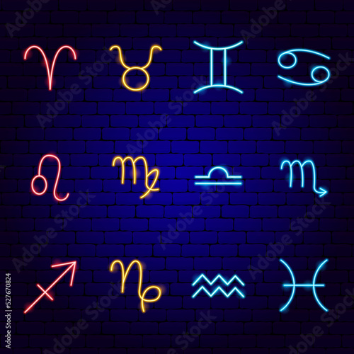 Zodiac Horoscope Neon Icons. Vector Illustration of Astrology Promotion.