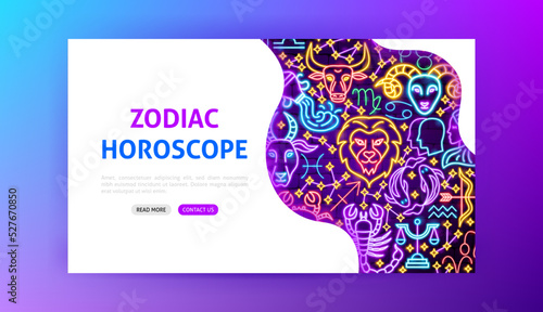 Zodiac Horoscope Neon Landing Page. Vector Illustration of Astrology Promotion.