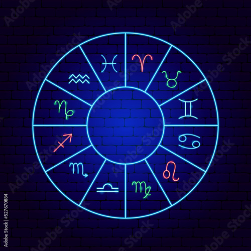 Zodiac Neon Circle. Vector Illustration of Horoscope Promotion.