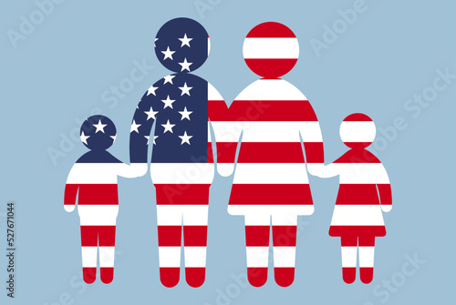 USA flag with family concept, parent and kids holding hands, immigrant idea, flat design asset