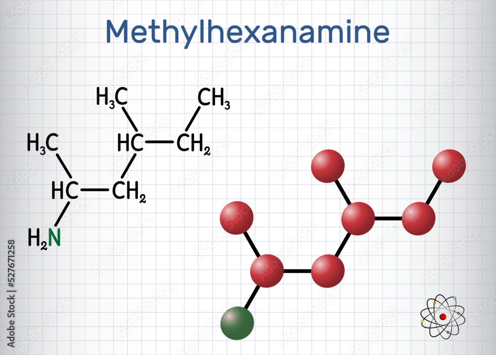 Methylhexanamine, methylhexamine, dimethylamylamine, DMAA molecule. It is alkylamine, indirect sympathomimetic drug. Sheet of paper in a cage. Methylhexanamine, methylhexamine, dimethylamylamine, DMAA molecule. It is alkylamine, indirect sympathomimetic drug. Sheet of paper in a cage.