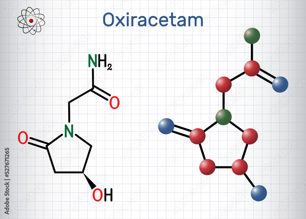 Oxiracetam molecule. It is is a nootropic drug of the racetam family, very mild stimulant. Structural chemical formula and molecule model. Sheet of paper in a cage Oxiracetam molecule. It is is a nootropic drug of the racetam family, very mild stimulant. Structural chemical formula and molecule model. Sheet of paper in a cage
