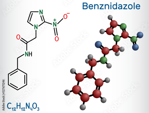 Benznidazole molecule. It is antiparasitic drug used in the treatment of Chagas disease. Structural chemical formula, molecule model.