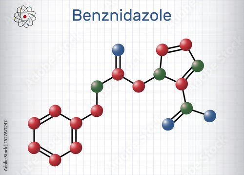 Benznidazole molecule. It is antiparasitic drug used in the treatment of Chagas disease. Structural chemical formula, molecule model. Sheet of paper in a cage.