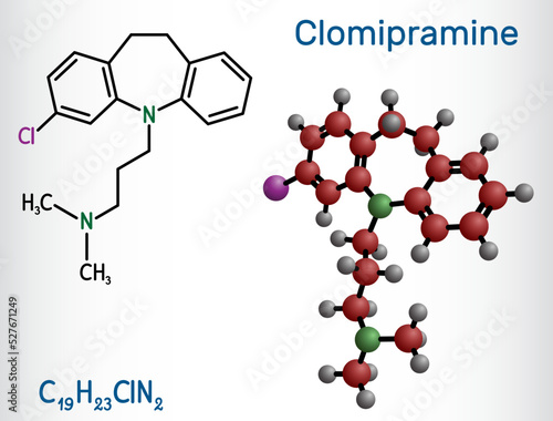 Clomipramine molecule. It is tricyclic antidepressant used in the treatment of  depression, schizophrenia, Tourette’s disorder. Structural chemical formula, molecule model.