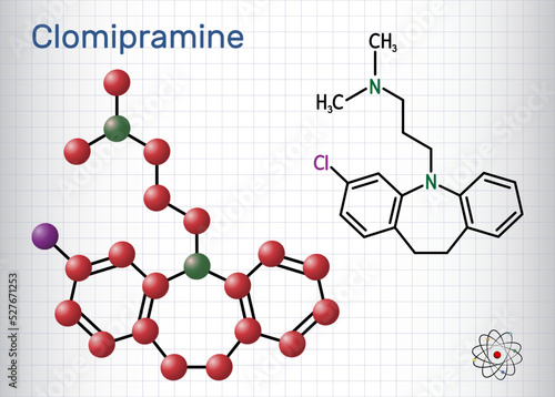 Clomipramine molecule. It is tricyclic antidepressant used in the treatment of  depression, schizophrenia, Tourette’s disorder. Structural chemical formula, molecule model. Sheet of paper in a cage