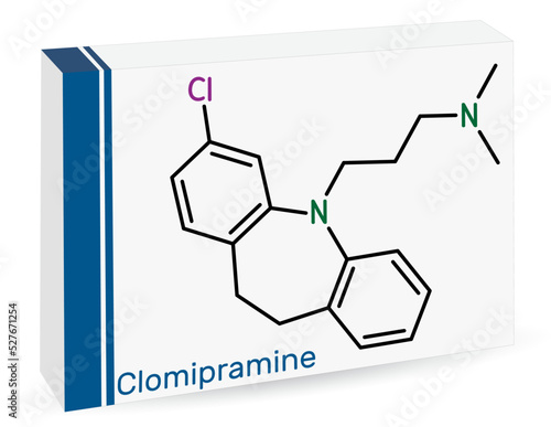 Clomipramine molecule. It is tricyclic antidepressant used in the treatment of  depression, schizophrenia, Tourette’s disorder. Skeletal chemical formula. Paper packaging for drugs
