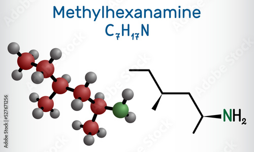 Methylhexanamine, methylhexamine, dimethylamylamine, DMAA molecule. It is alkylamine, indirect sympathomimetic drug. Structural chemical formula, molecule model