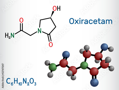 Oxiracetam molecule. It is is a nootropic drug of the racetam family, very mild stimulant. Structural chemical formula and molecule model.