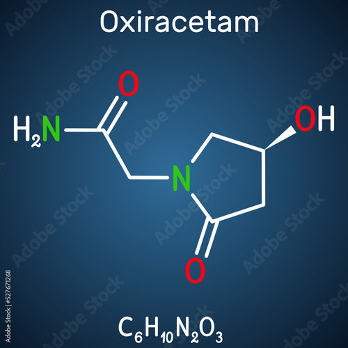 Oxiracetam molecule. It is is a nootropic drug of the racetam family, very mild stimulant. Structural chemical formula on the dark blue background.