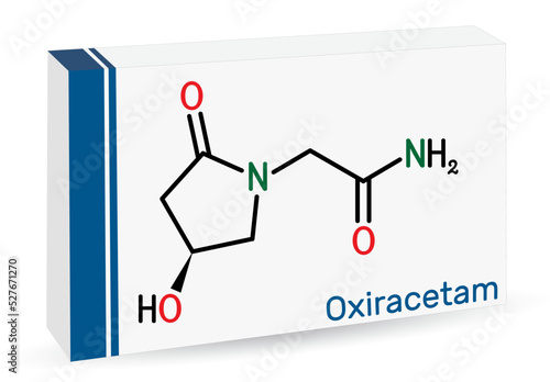 Oxiracetam molecule. It is is a nootropic drug of the racetam family, very mild stimulant. Skeletal chemical formula. Paper packaging for drugs
