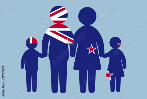New Zealand flag with family concept, parent and kids holding hands, immigrant idea, flat design asset