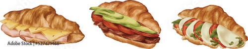 Set of Delicious Cafe Breakfast Toast Hand-drawn Watercolor Illustration