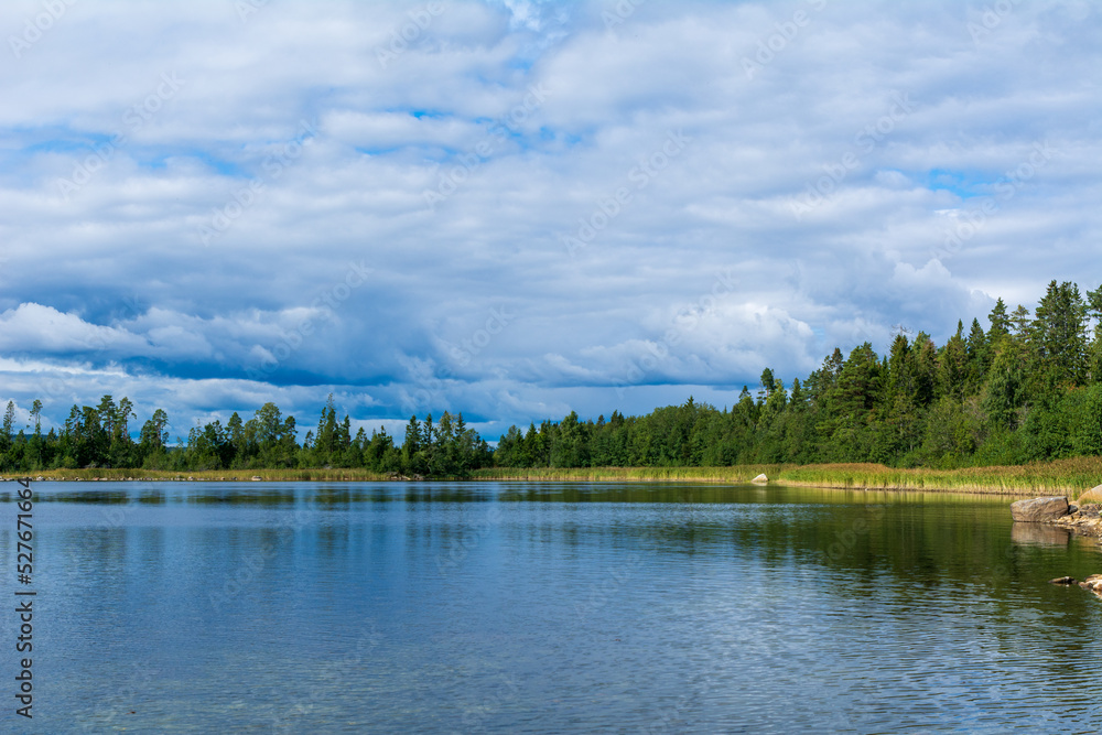 Idyllic lake with reflection clouds in the water and trees ashore in summer