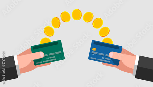 Bank cards in hands and gold coins moving from one card to another