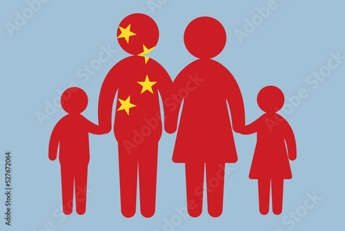 China flag with family concept, parent and kids holding hands, immigrant idea, flat design asset