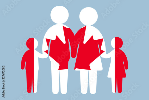 Canada flag with family concept, parent and kids holding hands, immigrant idea, flat design asset