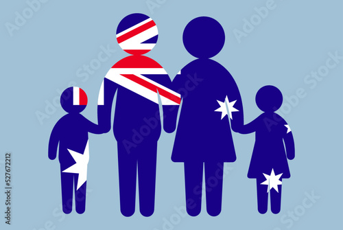 Australia flag with family concept, parent and kids holding hands, immigrant idea, flat design asset