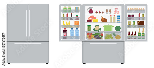 Big fridge with open doors, a full of food. There is a champagne bottle, a box of chocolates, a milk, a juice, a sausage, bananas, eggs, ketchup and vegetables in the picture. Vector illustration