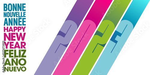 2023-Bannière ou carte pour le nouvel an, géométrique aux couleurs acidulées - texte français, anglais, espagnol - traduction : bonne nouvelle année.