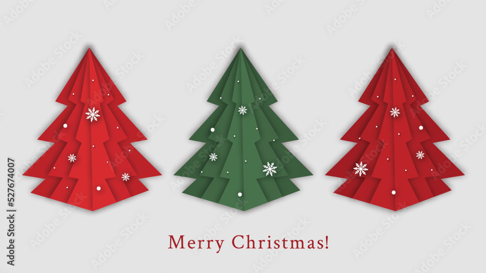 Modern greeting card design with paper cut christmas tree and snowflakes in red and green tones. Modern greeting card design with paper cut christmas tree and snowflakes in red and green tones.