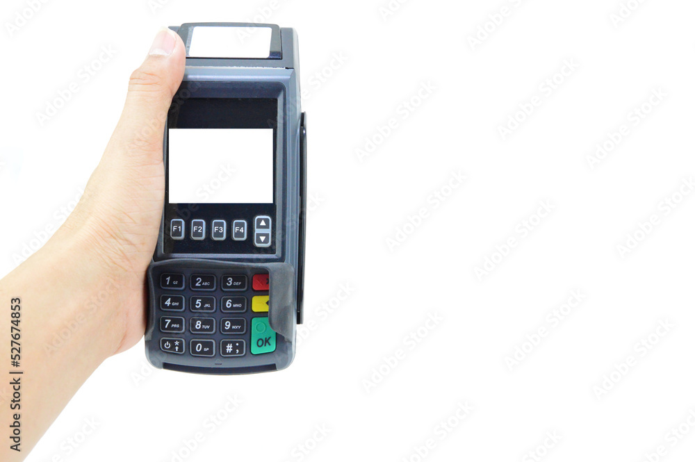 Payment terminal with a white screen. Payment device isolated on white background. E-commerce and business Payment terminal with a white screen. Payment device isolated on white background. E-commerce and business