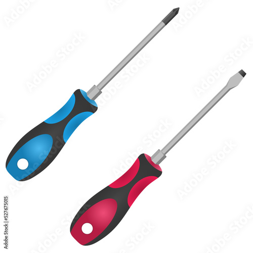 Screwdriver set slotted and pozidrive screwdriver. Red and blue screwdriver