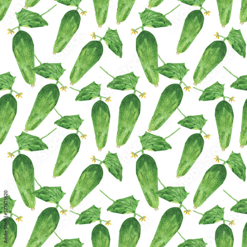 Seamless pattern with cucumbers and green leaves. Vegetable background for delicious and bright wallpaper, textiles, packaging, office and bed linen.