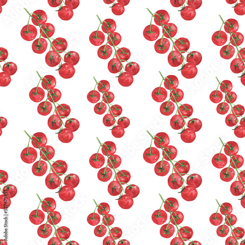Tomato watercolor. Seamless pattern with cherry tomatoes. Background for textiles, wallpaper, packaging, bed linen and office.