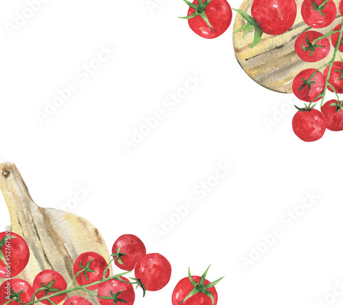 Watercolor postcard with fresh cherries and a cutting board on a white background with space for text. A bright frame for kitchen decor, banners and postcards.