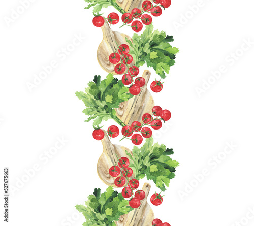 Seamless pattern with parsley, tomatoes and a wooden cutting board. Bright background for kitchen, wallpaper, textiles and office. Watercolor drawing of red juicy cherries.