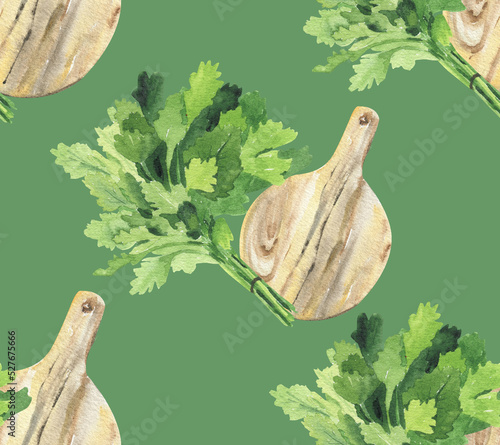 Punch. Seamless pattern with a fresh bunch of green seasoning and wooden cutting boards. Bright background for kitchen, wallpaper and textiles. Watercolor drawing of juicy vegetables.