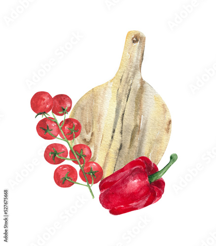 Red pepper, a branch of cherry tomatoes, a wooden cutting board isolated on a white background. Watercolor drawing for the design of kitchen textiles and office.