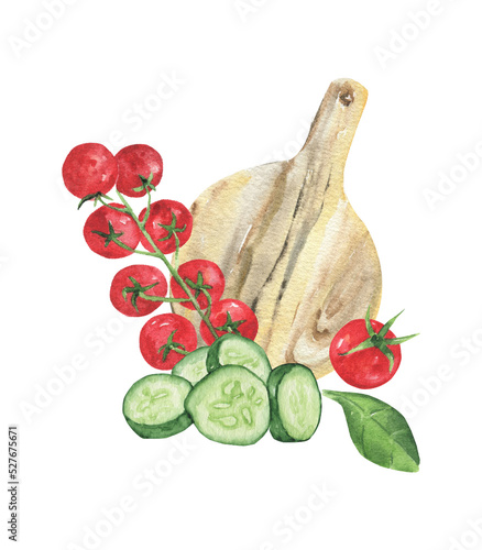 Cherry tomatoes, cucumbers, basil leaf and cutting board isolated on a white background. Watercolor drawing for the design of kitchen textiles and office.