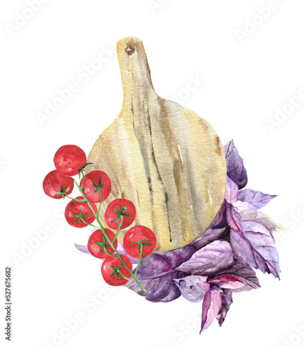 A branch of purple basil, cherry tomatoes and a cutting board isolated on a white background. Watercolor drawing for the design of kitchen textiles and office on the theme of food and vegetables.