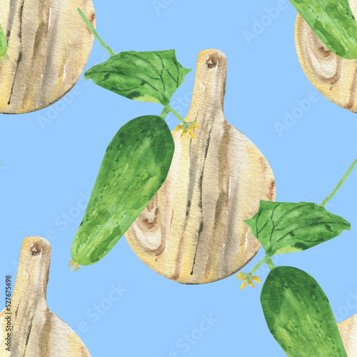Seamless pattern with fresh cucumbers, green leaves and wooden cutting boards. Bright background for kitchen, wallpaper and textiles. Watercolor drawing of juicy vegetables.