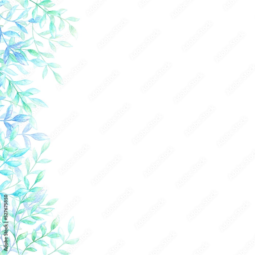A frame of twigs with leaves painted with watercolor pencils, highlighted on a white background. A frame of twigs with leaves painted with watercolor pencils, highlighted on a white background.
