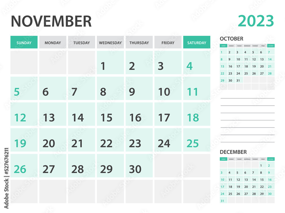 Calendar 2023 template-November 2023 year, monthly planner, Desk Calendar 2023 template, Wall calendar design, Week Start On Sunday, Stationery, printing, office organizer vector Calendar 2023 template-November 2023 year, monthly planner, Desk Calendar 2023 template, Wall calendar design, Week Start On Sunday, Stationery, printing, office organizer vector