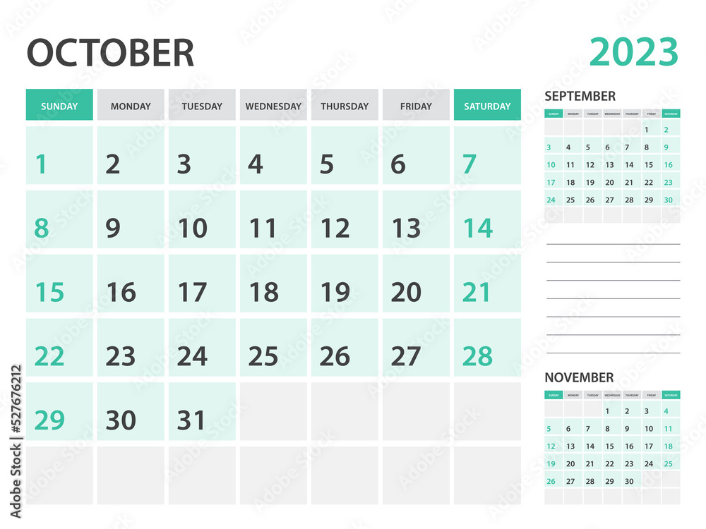 Calendar 2023 template-October 2023 year, monthly planner, Desk Calendar 2023 template, Wall calendar design, Week Start On Sunday, Stationery, printing, office organizer vector Calendar 2023 template-October 2023 year, monthly planner, Desk Calendar 2023 template, Wall calendar design, Week Start On Sunday, Stationery, printing, office organizer vector
