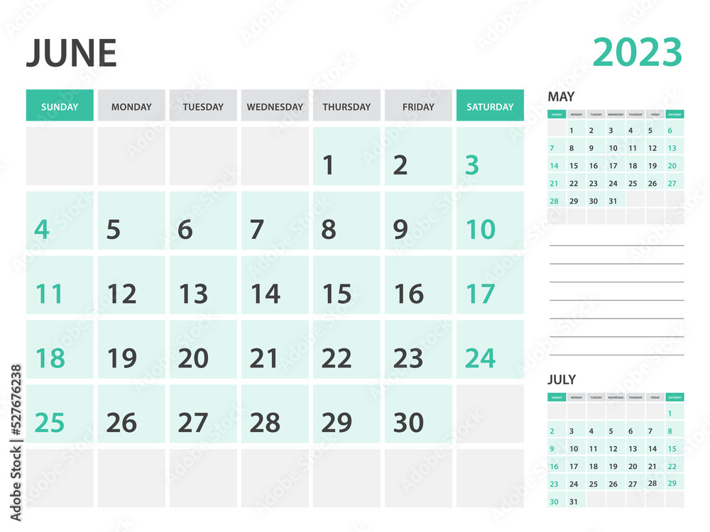 Calendar 2023 template-June 2023 year, monthly planner, Desk Calendar 2023 template, Wall calendar design, Week Start On Sunday, Stationery, printing, office organizer vector Calendar 2023 template-June 2023 year, monthly planner, Desk Calendar 2023 template, Wall calendar design, Week Start On Sunday, Stationery, printing, office organizer vector