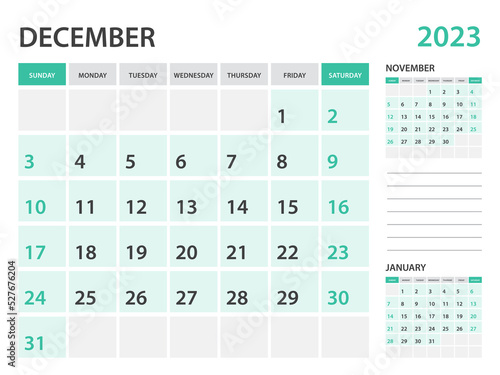 Calendar 2023 template-December 2023 year, monthly planner, Desk Calendar 2023 template, Wall calendar design, Week Start On Sunday, Stationery, printing, office organizer vector