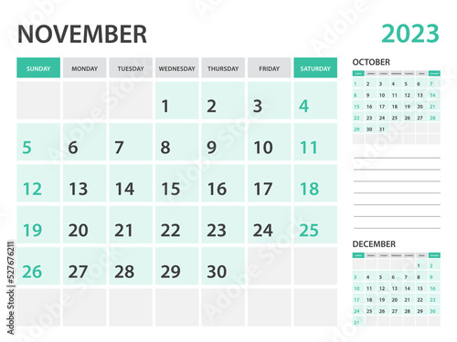 Calendar 2023 template-November 2023 year, monthly planner, Desk Calendar 2023 template, Wall calendar design, Week Start On Sunday, Stationery, printing, office organizer vector