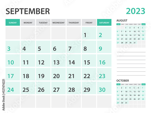 Calendar 2023 template-September 2023 year, monthly planner, Desk Calendar 2023 template, Wall calendar design, Week Start On Sunday, Stationery, printing, office organizer vector